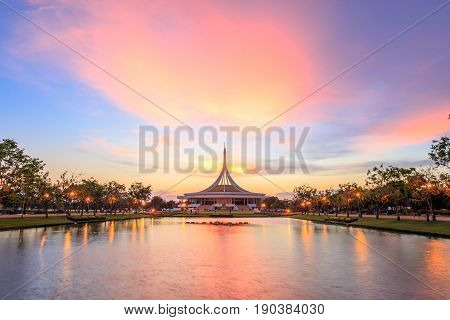 Bangkok, Thailand. - May 14, 2017 : Night time at Ratchamangkhala Pavilion at public park name Suan Luang Rama IX on sunset time Bangkok, Thailand.