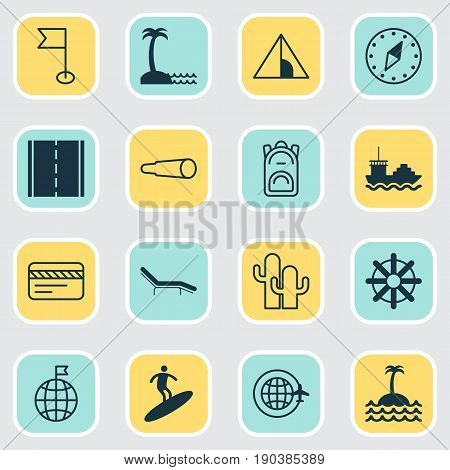 Tourism Icons Set. Collection Of Chaise Longue, Island Beach, Boardsports Elements. Also Includes Symbols Such As Plastic, Sea, North.