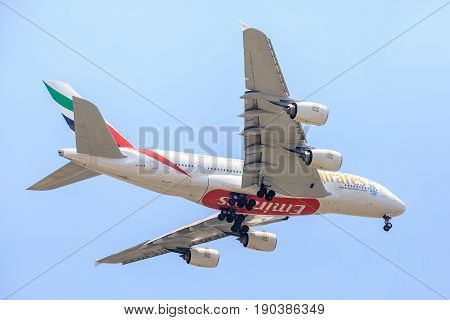 Bangkok, Thailand. - April 22, 2017 : Plane or aircraft of Emirates Airlines or Airways on the sky landing to Suvanabhumi airport.