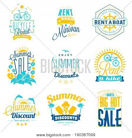 Set of summer sale promotional emblem design. Typographic retro style summer advertising badges for banner or poster. Blue and yellow color theme. Isolated on white. Vector illustration