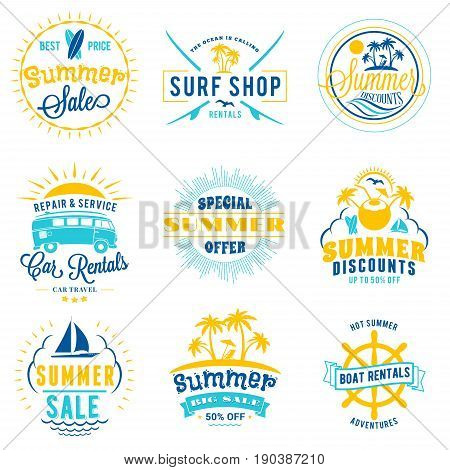 Set of summer sale promotional emblem design. Typographic retro style summer advertising badges for banner or poster. Blue and yellow color theme. Isolated on white. Vector illustration