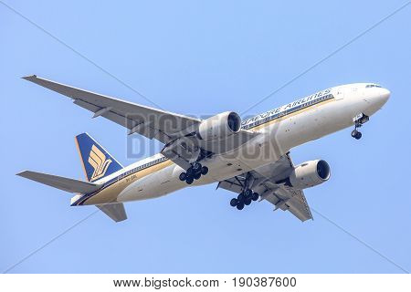 Bangkok, Thailand. - April 22, 2017 : Aircraft or Plane of Singapore Airlines on the sky landing to Suvanabhumi airport.
