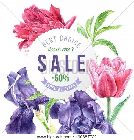 Hand drawn watercolor garden flowers isolated on white background