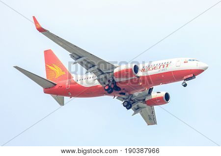 Bangkok, Thailand. - April 23, 2017 : Plane or aircraft of FlyRegent Airways on the sky landing to Suvanabhumi airport.