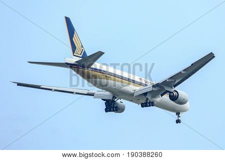 Bangkok, Thailand. - April 23, 2017 : Aircraft or Plane of Singapore Airlines on the sky landing to Suvanabhumi airport.