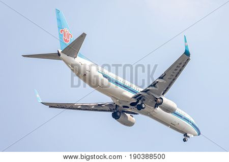 Bangkok, Thailand. - April 22, 2017 : Aircraft or Plane of China Southern Airlines on the sky landing to Suvanabhumi airport.