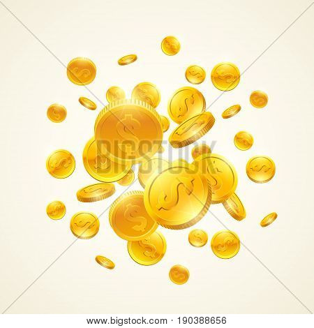 Falling down gold coins with dollar symbol. Vector realistic 3d illustration.