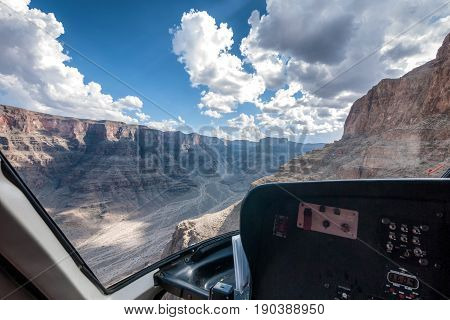 Interior of helicopter flying out of Grand Canyon in Arizona