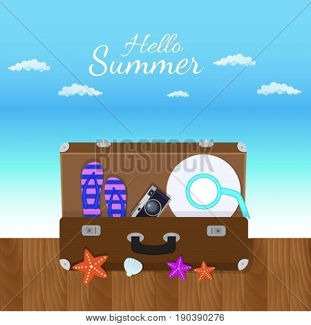 Vacation travelling composition with the open bag. Touristic sighns concept. Take vacation concept with logo. Hello summer holidays