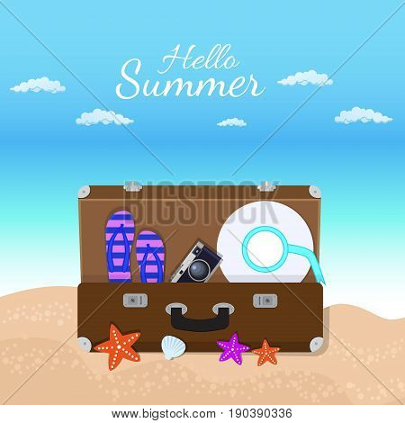 Vacation travelling composition with the open bag. Touristic sighns concept. Take vacation concept with logo. Hello summer holidays