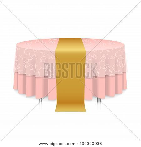 Isolated blank round table with pink tablecloth and a golden ribbon for celebration isolated
