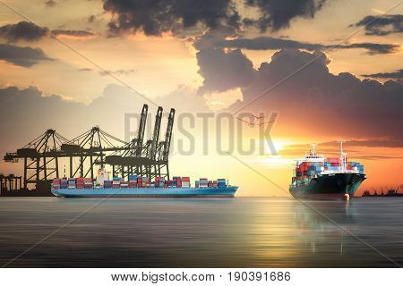 Logistics and transportation of international container cargo ship and cargo plane with port crane bridge in harbor at sunset sky Freight Transportation Shipping