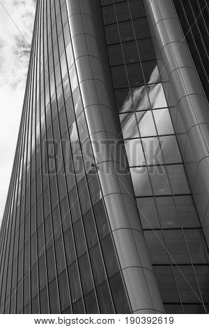 MILAN, ITALY - APRIL 17, 2017: Milan (Lombardy Italy): the skyscraper known as Generali Tower in the new Citylife area (Tre Torri). Black and white