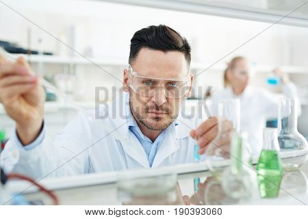 Portrait of focused scientist working on research in laboratory, performing chemical experiment dropping reactants into petri dish