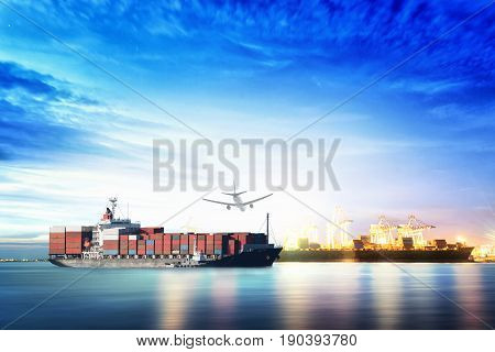 Logistics and transportation of international container cargo ship and cargo plane with ports crane bridge in harbor at sunset sky for logistics import export background and transportation industry.