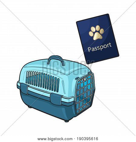 Travel with cats, dogs - plastic carrier and pet passport, sketch vector illustration isolated on white background. Hand drawn plastic pet carrier and passport, id for travelling with cats and dogs