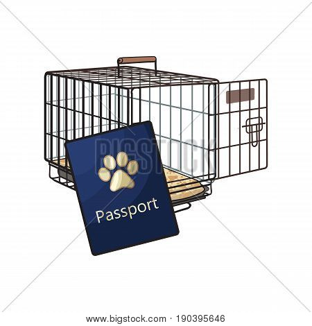Travel with cats, dogs - metal wire carrier and pet passport, sketch vector illustration isolated on white background. Hand drawn metal wire pet carrier, crate, cage and passport, id for cats and dogs