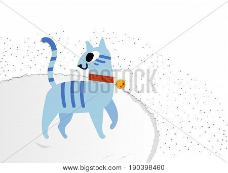 Illustration of Cute cat wearing a red collar with gold tag. On a fluffy carpet. Vector illustration