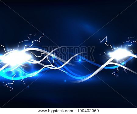 Glowing wavy lines template. Color lightning concept in the dark, energy magic abstract background