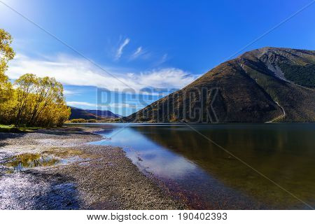 Beautiful scenery of Lake Pearson (Moana Rua) in Autumn Arthur's pass National Park South Island of New Zealand