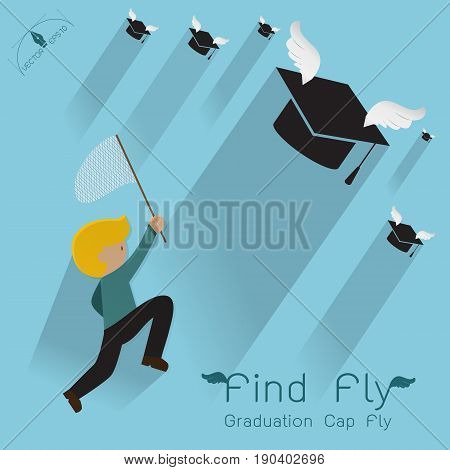 Man jumping to find graduation cap flying Poster Vector Background