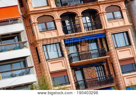 closeup on colorful town buildings in spain