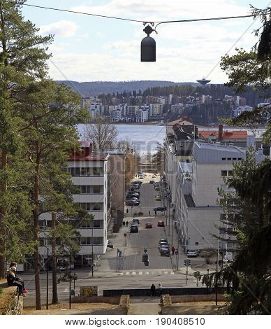 Jyvaskyla Finland - April 9 2017: people are walking at the Harju hill in Jyvaskyla Finland