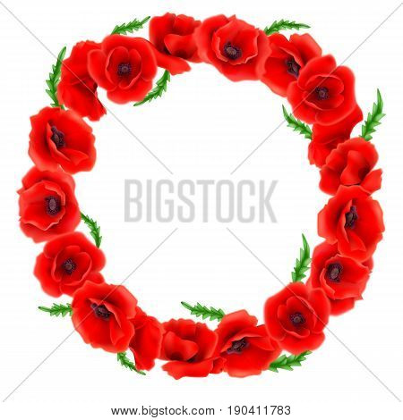 Wreath of Red Poppies, floral round frame, vector illustration