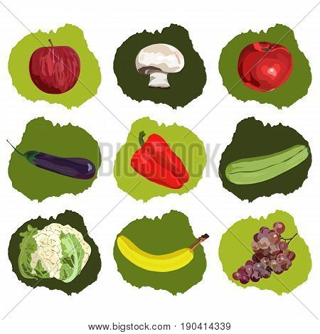 Realistic hand drawn fruits and vegetables. Vector. Set. Vegan. Apple, banana, grape, eggplant marrow squash champignon red pepper tomato cauliflower