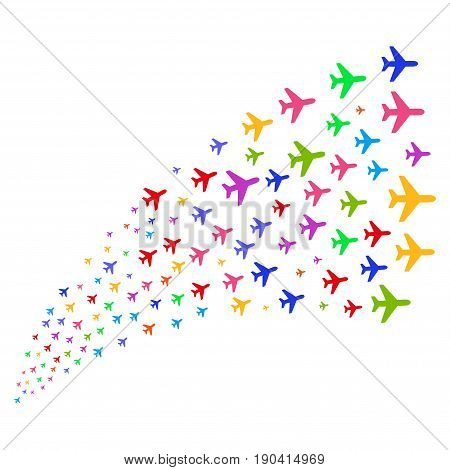 Source of air plane icons. Vector illustration style is flat bright multicolored iconic air plane symbols on a white background. Object fountain combined from icons.