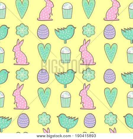 Easter cookies pattern - bunny, flowers, hearts easter eggs on yellow background. Cute vector seamless background. Colorful happy easter illustration.