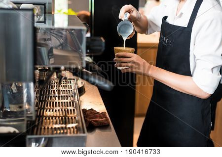 Barista Hand Make Baverage From Coffee Machine In Coffee Shop