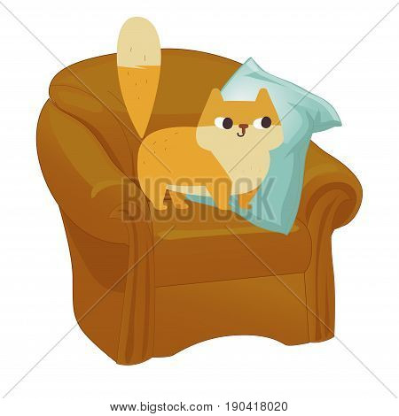 Ginger cat vector. Funny plump cat in the big armchair. Isolated on white background