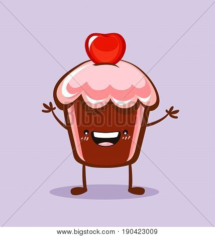Delicious cupcake comic character. Kawaii cupcake. Vector stock.