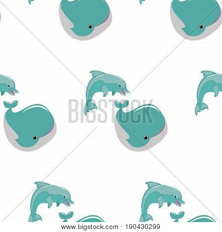 Vector flat illustration with dolphins whale. Cute cartoon animals. Seamless pattern with marine animals on white background.
