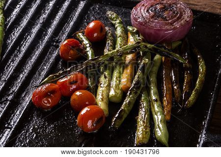 Ancho Steak With Grilled Vegetables On The Grill