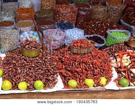 Insects on a market, a Snack, in Oaxaca, Mexico