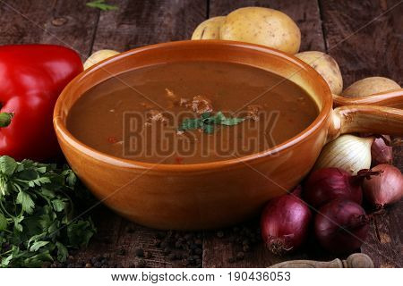 Tasty Hungarian Beef Goulash Soup Bograch Close-up On The Table And Ingredient