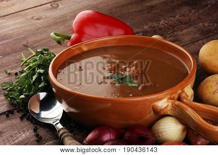 Tasty Hungarian Beef Goulash Soup Bograch Close-up On The Table And Ingredient