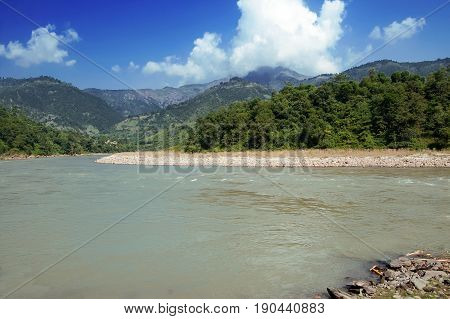 View of river in Nepal in the autumn, Asia