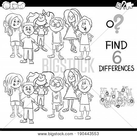 Black and White Cartoon Illustration of Spot the Differences Educational Game with Elementary Age Children Characters Group Coloring Page