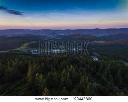 Sunset. Aerial View Of The Summer Time In Mountains Near Czarna Gora Mountain In Poland. Pine Tree F