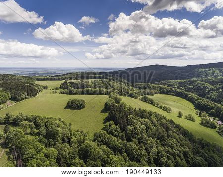 Aerial View Of The Summer Time In Mountains In Border Poland And Czech Republic. Pine Tree Forest An