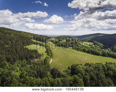Aerial View Of The Summer Time In Mountains In Border Poland And Czech Republic. Pine Tree Forest An