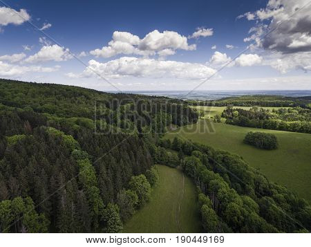 Aerial View Of The Summer Time In Mountains In Border Poland And Czech Republic. Pine Tree Forest An