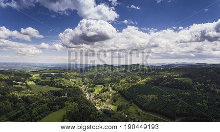 Aerial View Of The Summer Time In Mountains In Border Poland And Czech Republic. Pine Tree Forest An