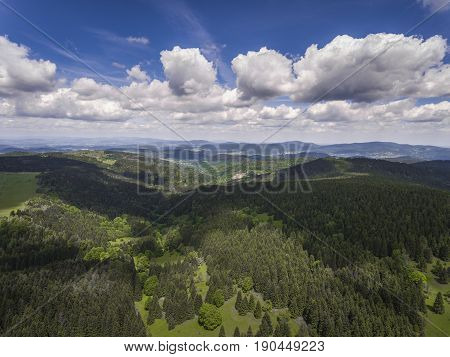 Aerial View Of The Summer Time In Mountains Near Czarna Gora Mountain In Poland. Pine Tree Forest An