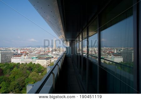 VIENNA, AUSTRIA - APR 29th, 2017: Beautiful view of famous St. Stephen's Cathedral Wiener Stephansdom at Stephansplatz in the early morning from a near by Hotel, aerial view.