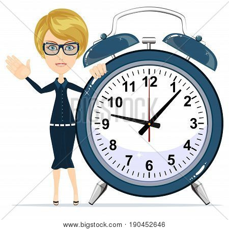 woman with alarm clock. Young businessman in business concept isolated on white. Stock flat vector illustration.