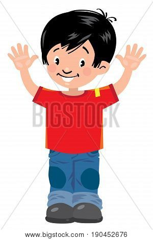 Children vector illustration of funny asian boy in red t-shirt and jeans waving by hands